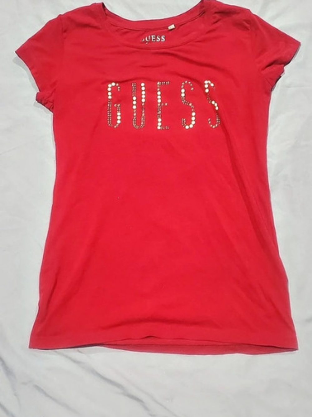 GUESS Rhinestone Logo T-Shirt Red Short Sleeve Tee Size Medium